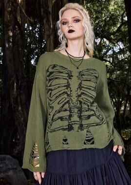 ROMWE Goth Distressed Skeleton Knit Sweater Women Size L Olive Green Rib Cage